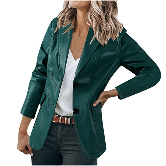 Meichang Long Sleeve Blazer for Women Leather Lapel Open Front Blazer Lightweight Single Breasted Overcoat Solid Color Outwear