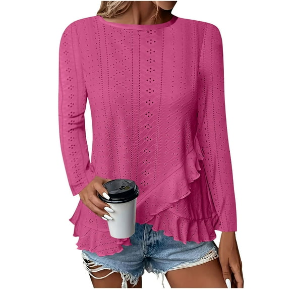 Meichang Long Sleeve Eyelet Tops for Women Dressy Casual Crew Neck Shirts Trendy Irregular Ruffle Hem Women Tops Eyelet Embroidery Blouses Hot Pink XXL