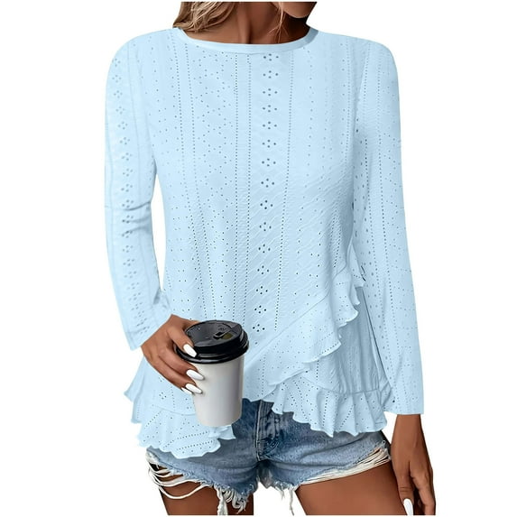 Meichang Long Sleeve Eyelet Tops for Women Dressy Casual Crew Neck Shirts Trendy Irregular Ruffle Hem Women Tops Eyelet Embroidery Blouses Light Blue XXL