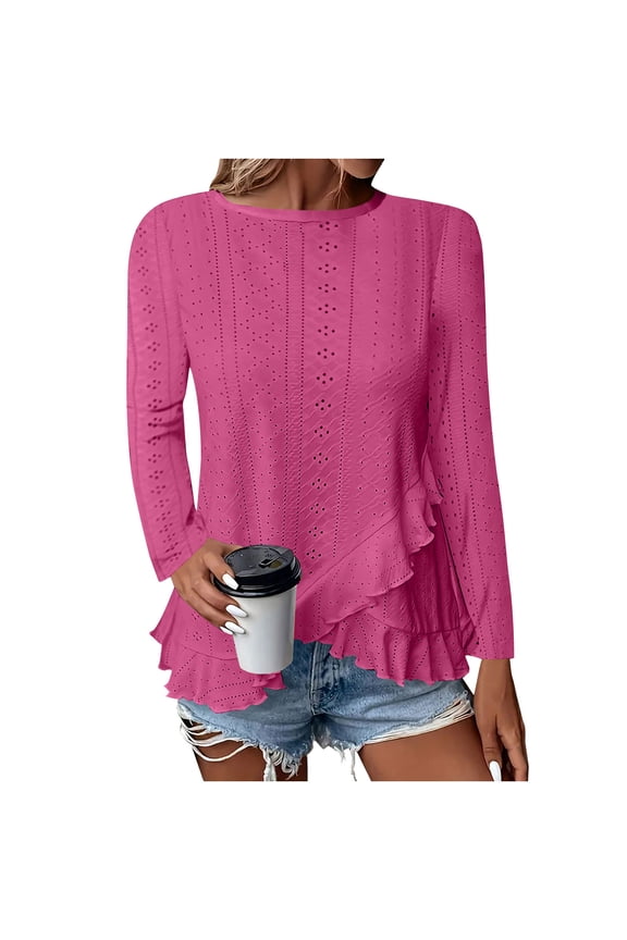 Long Sleeve Eyelet Tops for Women Dressy Casual Crew Neck Shirts Trendy Irregular Ruffle Hem Women Tops Eyelet Embroidery Blouses Hot Pink L