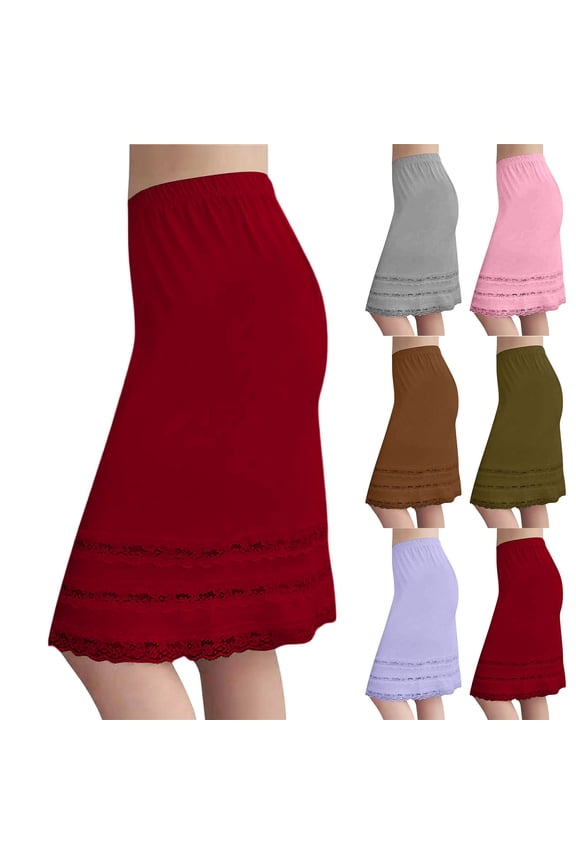 Long Slip Skirts for Women Under Dress Elastic Waist Midi Under Skirt with Lace Trim Soft Under Slips Skirt