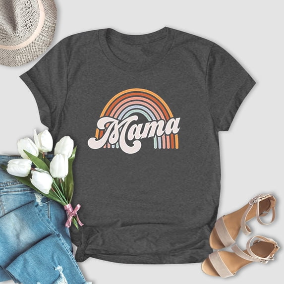 Meichang Mama Shirts for Women Plus Size Mama Rainbow Graphic Tee Tops Short Sleeve Crew Neck Casual T Shirts Mother's Day Shirts Gray XXXL