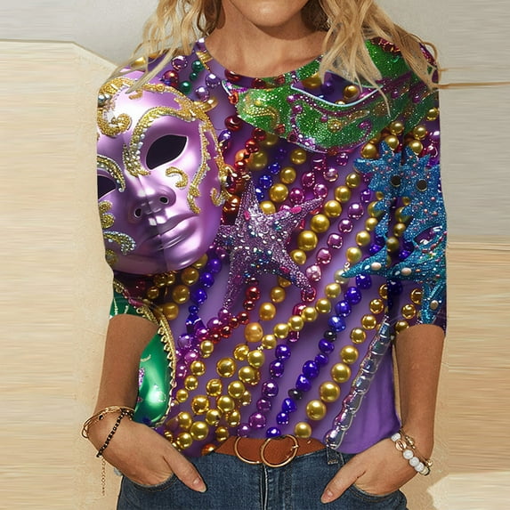 Meichang Mardi Gras Shirt Women Carnival Party Shirt 3/4 Sleeve Casual Crew Neck Pullover Mardi Gras Mask Print Theme Party Tops