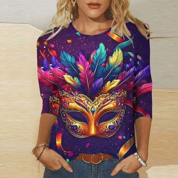 Meichang Mardi Gras Tops for Women Plus Size Carnival Theme Party Shirts Mardi Gras Mask Graphic Tees Casual Crew Neck Loose Fit Holiday Shirt