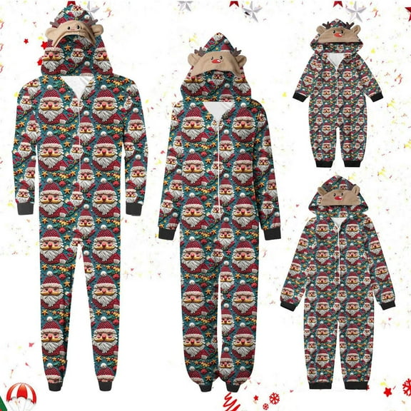 Meichang Matching Christmas Pajamas for Family Sets Xmas Print Hooded Zipper Holiday Onesise Nightwear One Piece Bodysuit Sleepwear Sets for Couples