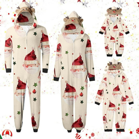 Meichang Matching Family Christmas Pajamas Hooded Onesie Long Sleeve Jumpsuit with Xmas Print Sleepwear Cozy