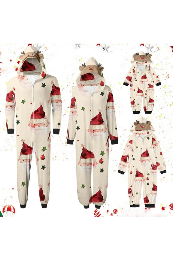 Matching Family Christmas Pajamas Hooded Onesie Long Sleeve Jumpsuit with Xmas Print Sleepwear Cozy