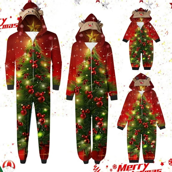 Meichang Matching Family Pajamas Christmas Hooded Onesie Sleepwear Long Sleeve Jumpsuit Front Zipper Holiday Print