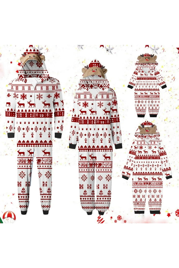 Matching Family Pajamas Christmas Hooded Onesie Sleepwear Long Sleeve Jumpsuit Front Zipper Xmas Print
