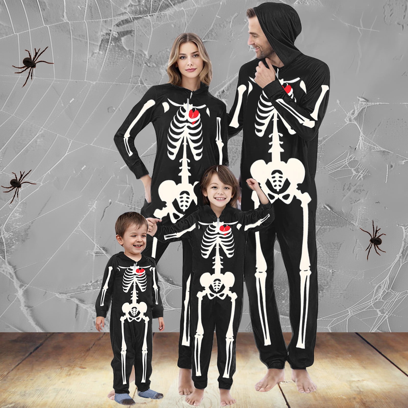 Meichang Matching Halloween Pajamas for Family Halloween Skeleton Print One-Piece Onesies Hooded Zipper Front PJs Jumpsuit Loungewear Romper for Men