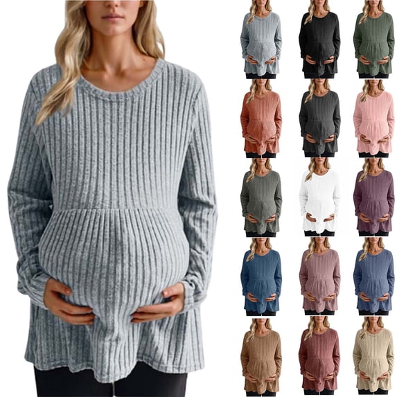 Meichang Maternity Peplum Shirts Dressy Casual Long Sleeve Stretchy Ribbed Knit Pregnancy Fall Tops Work Blouses Soft Crew Neck Empire Waist Tunic Tops