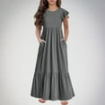 thumbnail image 1 of Meichang Maxi Dresses for Girls Summer Flutter Short Sleeve Crew Neck Tiered Dress Swing Loose Fit Beach Vacation Dresses Casual A-Line Sundresses Gray 12 Years, 1 of 6
