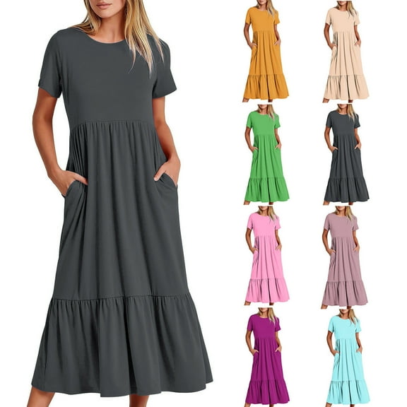 Meichang Maxi Dresses for Women Casual Short Sleeve Crew Neck Tiered Dresses Ruffle Pleated Loose Fit Swing Summer Dress Beach Vacation Tshirt Dress Women