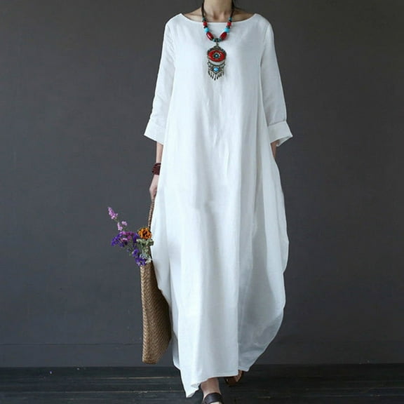 Meichang Maxi Dresses for Women 2025 Summer Linen Dress Long Sleeve Scoop Neck Loose Shirt Dresses Casual Long Dress with Pockets