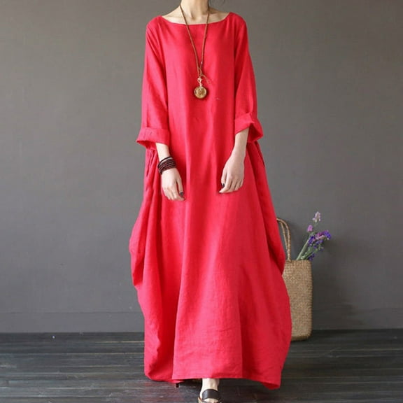 Meichang Maxi Dresses for Women 2025 Summer Linen Dress Long Sleeve Scoop Neck Loose Shirt Dresses Casual Long Dress with Pockets
