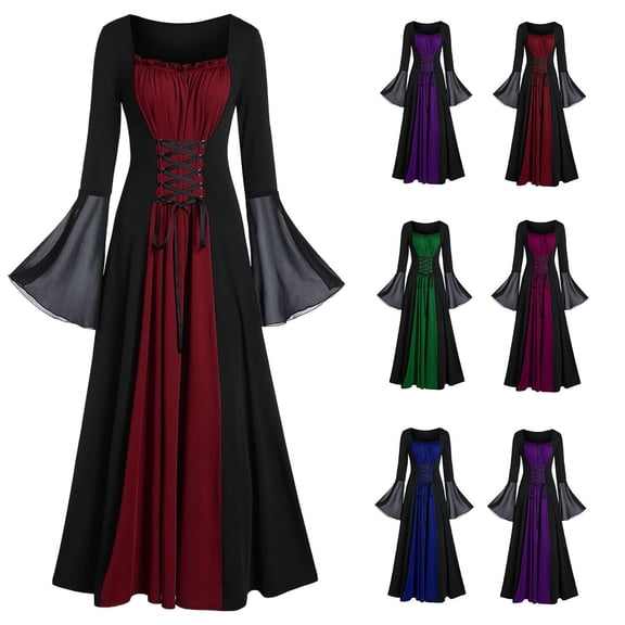 Meichang Medieval Dress for Women Renaissance Long Sleeve Lace Up Princess Dresses Halloween Cosplay Costumes