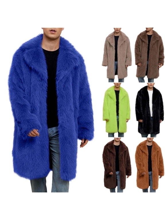 Men's Faux Fur Coat Winter Long Jacket Long Sleeve Lapel Open Front Outerwear Warm Thermal Thick Fluffy Winter Coat for Men