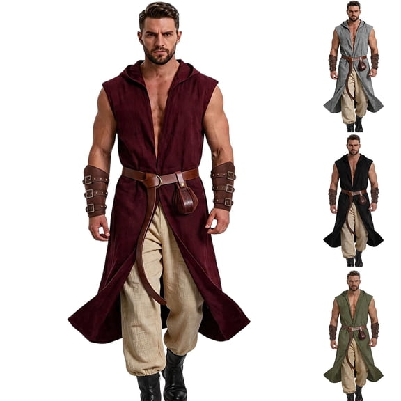Meichang Mens Medieval Sleeveless Hooded Cloak Halloween Cosplay Costumes Renaissance Long Cape