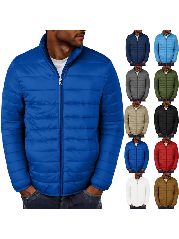 Mens Puffer Jacket Lightweight Long Sleeve Full Zip Winter Coat Windproof Down Jacket for Outdoor Cold Weather