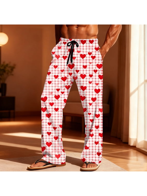 Mens Valentines Day Heart Pajama Pants Pjs Bottoms Romantic Print Sleepwear Lounge Pants Elastic Waist Drawstring Comfy Sleep Pant with Pockets