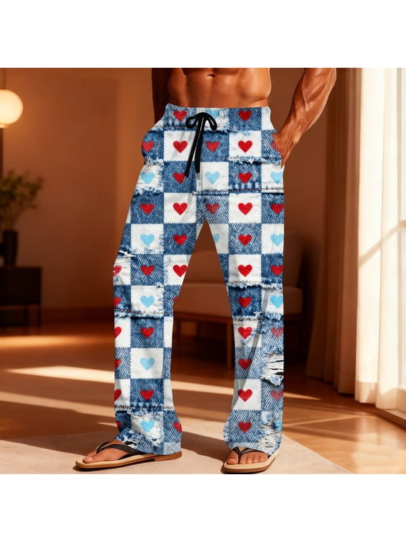 Mens Valentines Sleep Pants Lounge PJ Bottoms Elastic Waisted Drawstring Casual Heart Print Sleepwear Pants with Pockets