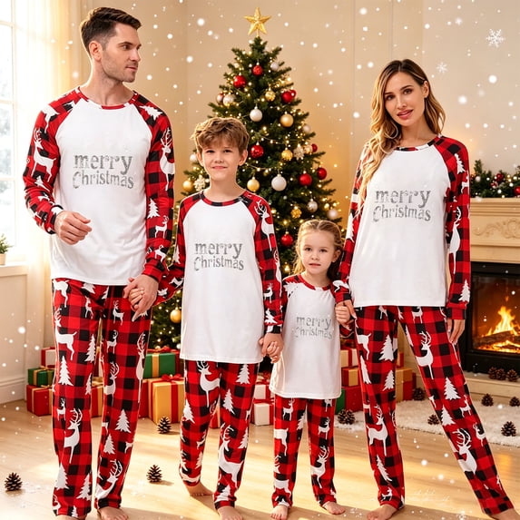 Meichang Merry Christmas Pajamas for Family Matching Sets Funny Letter Print Plaid Long Sleeve Top and Pant Holiday Nightwear
