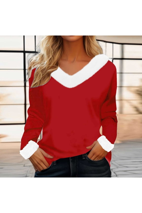 Merry Christmas Shirts Women Christmas Faux Fur Trim V Neck Tops Casual Loose Xmas Long Sleeve Pullover Blouses 2024 Christmas Cleaeances