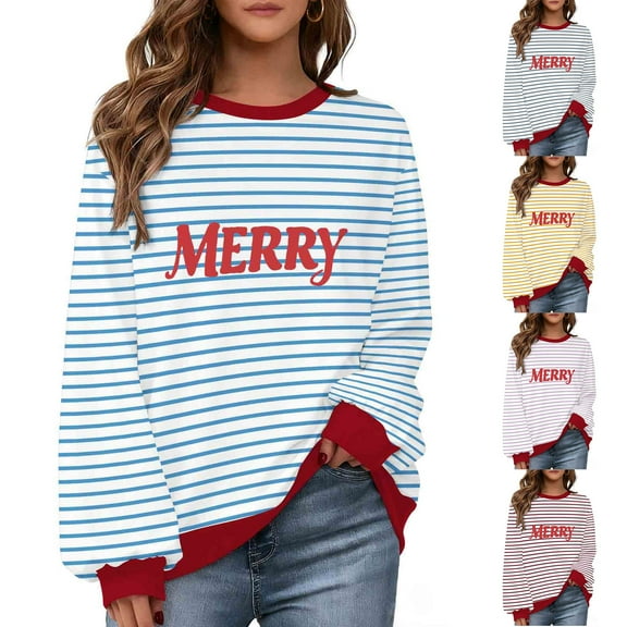 Meichang Merry Christmas Striped Sweatshirts Women Christmas Print Crewneck Oversized Sweatshirt Xmas Holiday Long Sleeve Shirts Pullover Tops