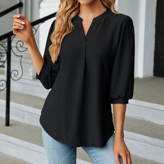 Meichang Notch V Neck T Shirts Women 3/4 Sleeve Solid Shirts Dressy Casual Loose Fit Tunic Tops Summer Business Work Tees Shirts Basic Blouses Black XXL