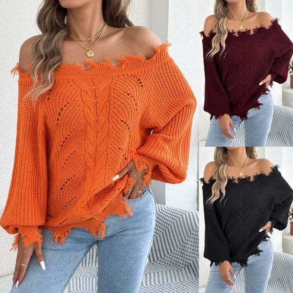 Meichang Off the Shoulder Sweater for Women Lightweight Lantern Long Sleeve Hollow Out Sweaters Pullover Tops Fall Knit Sweaters
