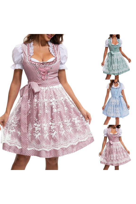 Oktoberfest Dress for Women Dirndl Square Neck Puff Short Sleeve Lace Up Bavarian Dresses Peasant Traditional German Costume for Carnival Wear
