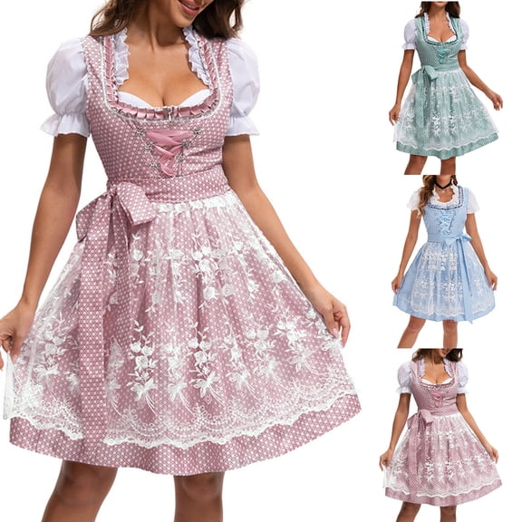 Meichang Oktoberfest Dress for Women Dirndl Square Neck Puff Short Sleeve Lace Up Bavarian Dresses Peasant Traditional German Costume for Carnival Wear