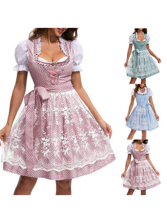 Oktoberfest Dress for Women Dirndl Square Neck Puff Short Sleeve Lace Up Bavarian Dresses Peasant Traditional German Costume for Carnival Wear