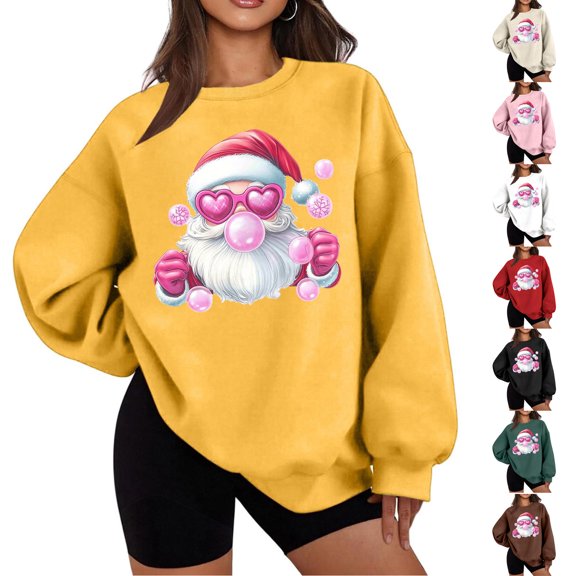 Meichang Oversized Sweatshirt for Women Christmas Santa Print Casual Long Sleeve Xmas Holiday Pullover Crew Neck Sweatshirts