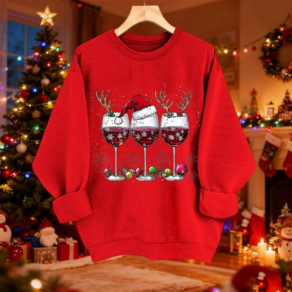Meichang Oversized Sweatshirt for Women Christmas Wine Glass Graphic Sweatshirt Crewneck Long Sleeve Fleece Pullover Xmas Holiday Sweatshirts
