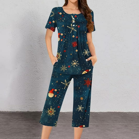 Meichang Pajamas for Women Set Christmas Pjs Loungewear Capri Sets Women 2 Piece Outfits Classic Xmas Print Short Sleeve Crew Neck Button Up Top and Pant Sets with Pockets