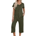 thumbnail image 1 of Meichang Pajamas for Women Set Short Sleeve V Neck Button Down Pajama Top with Pockets Capri Set Women 2 Piece Outfits Basic Solid Loose Fit Sleepwear, 1 of 6