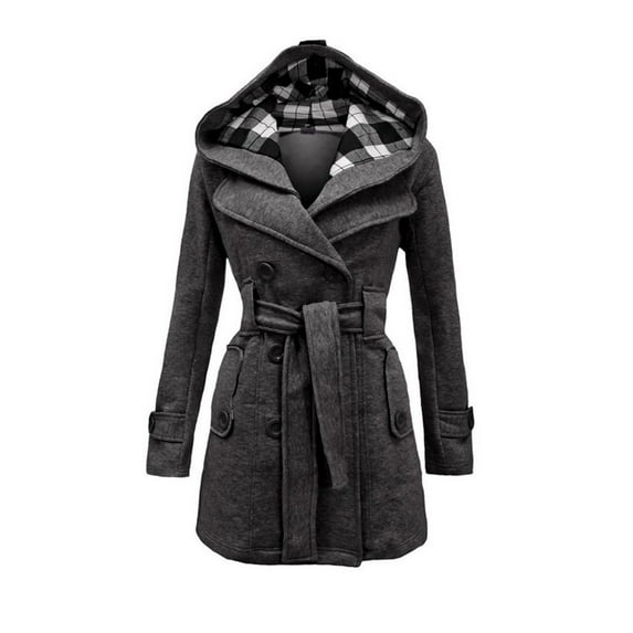 Meichang Pea Coats for Women Plaid Hood Winter Jacket Double-Breasted Thick Warm Wool Coat Casual Military Jacket Mid Length Overcoat with Belt
