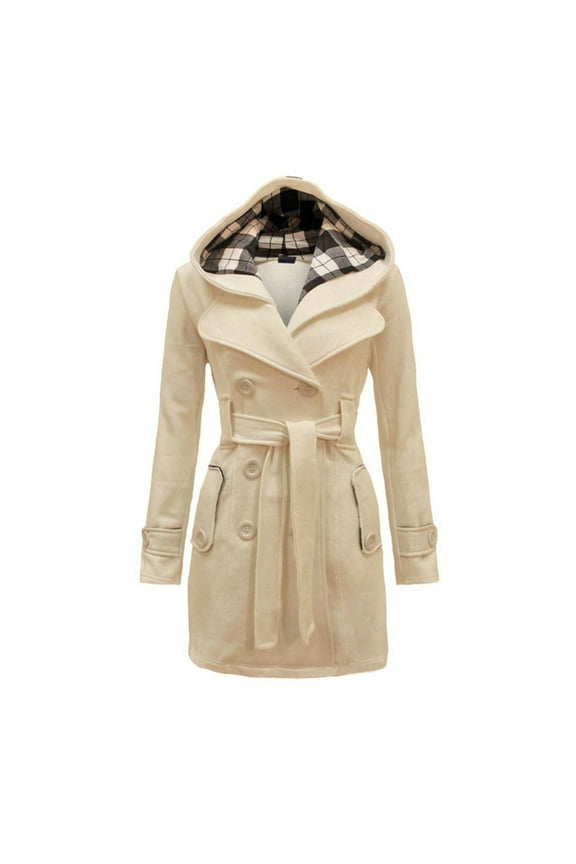 Pea Coats for Women Plaid Hood Winter Jacket Double-Breasted Thick Warm Wool Coat Casual Military Jacket Mid Length Overcoat with Belt