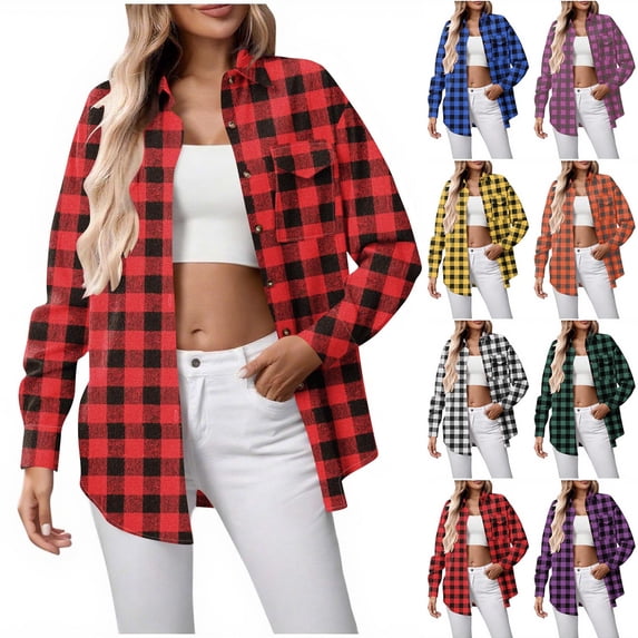 Meichang Plaid Button Down Shirts for Women Dressy Casual Long Sleeve Flannel Shirts Fall Collared Work Blouses Tops with Pocket Pink M