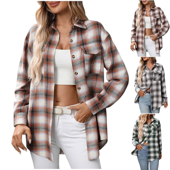 Meichang Plaid Flannel Shirts for Women Oversized Long Sleeve Casual Button Down Shirts Fall Loose Fit Collared Office Work Tops with Pockets Green L