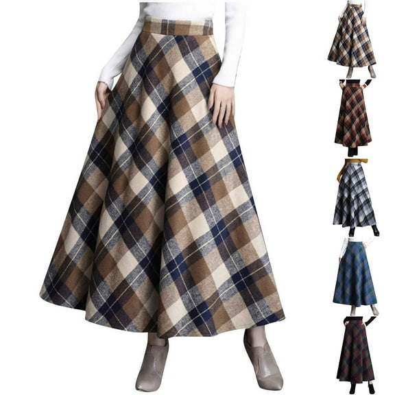 Meichang Plaid Maxi Skirts for Women Fall Winter High Waisted Wool Plaid A-line Long Skirt Swing Flowy Christmas Party Plaid Skirts