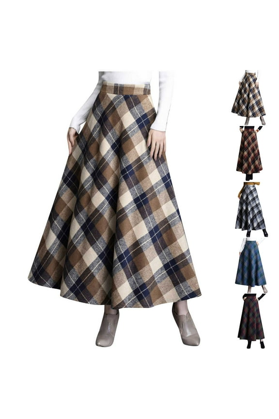 Plaid Maxi Skirts for Women Fall Winter High Waisted Wool Plaid A-line Long Skirt Swing Flowy Christmas Party Plaid Skirts