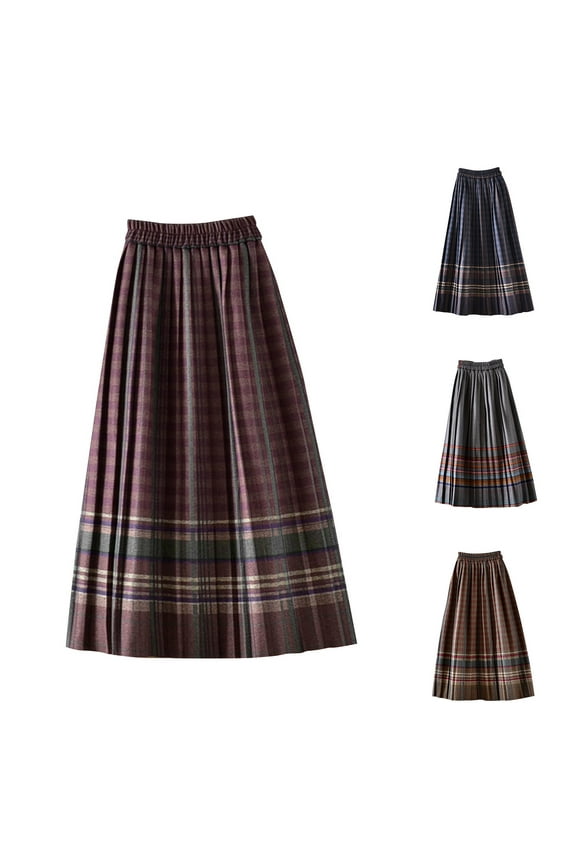 Plaid Midi Skirts for Womens Vintage Elastic Waist A-Line Pleated Skirts Fall Winter Casual Holiday Party Long Skirts