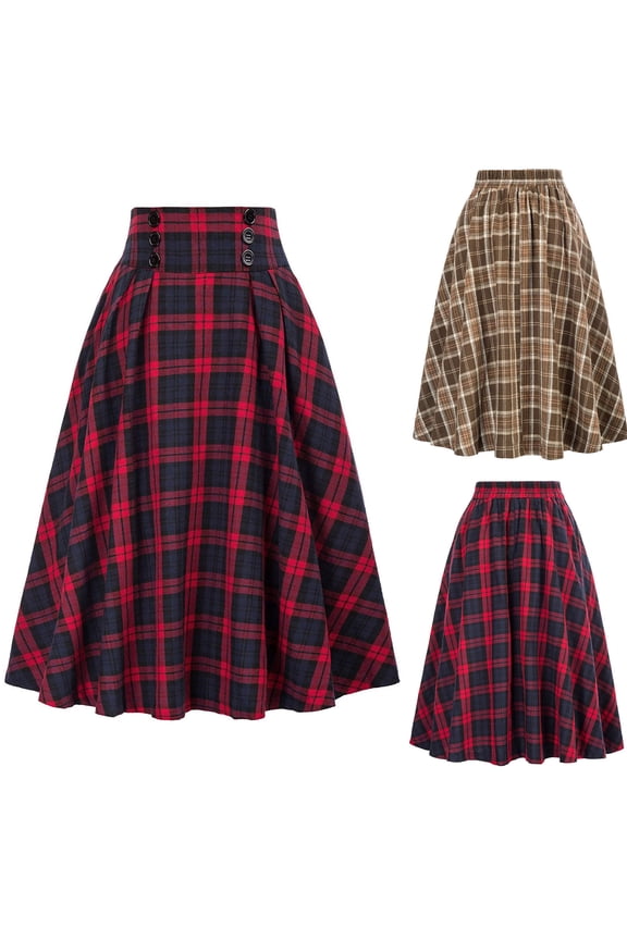 Plaid Skirts for Women High Waist Pleated A Line Midi Skirts Vintage Tartan Holiday Christmas Party Long Skirts