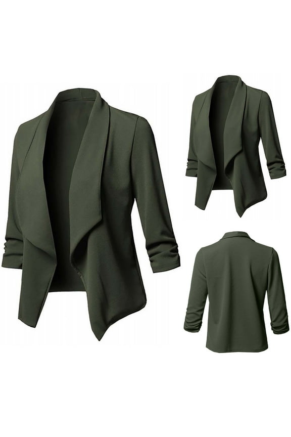 Plus Size Blazer for Women Pleated Long Sleeve Suit Elegant Slim Lapel Open Front Office Cardigan Formal Solid Jacket