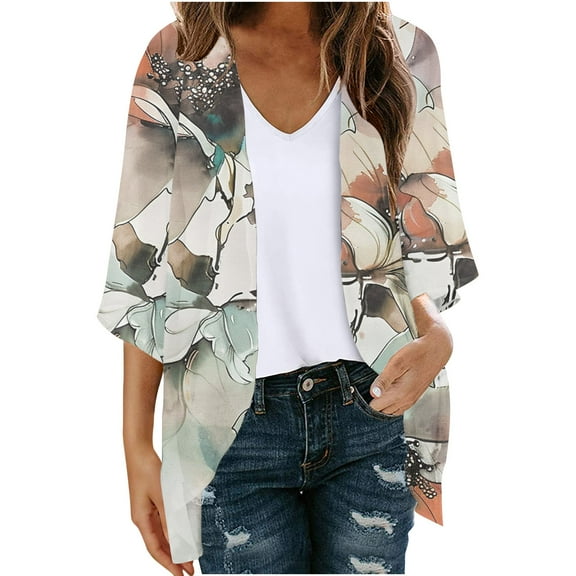 Meichang Plus Size Cardigan Open Front Chiffon Cardigan Boho Floral Print Womens Kimonos Loose Fit Beach Wear Cover Up Blouse Tops