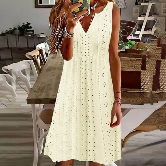 Meichang Plus Size Dresses Womens Boho Eyelet Pastel Dresses Sleeveless V Neck Solid Dresses Flowy Beach Dresses Knee Length Sundresses Midi Dresses Yellow XXXXL