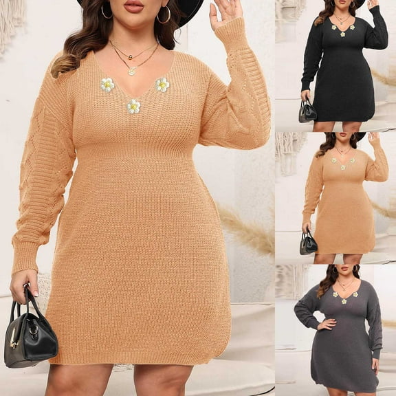 Meichang Plus Size Knit Sweater Dress for Women V Neck Long Sleeve Slouchy Pullover Sweater Dresses Wedding Guest Cocktail Party Short Sweater Dress