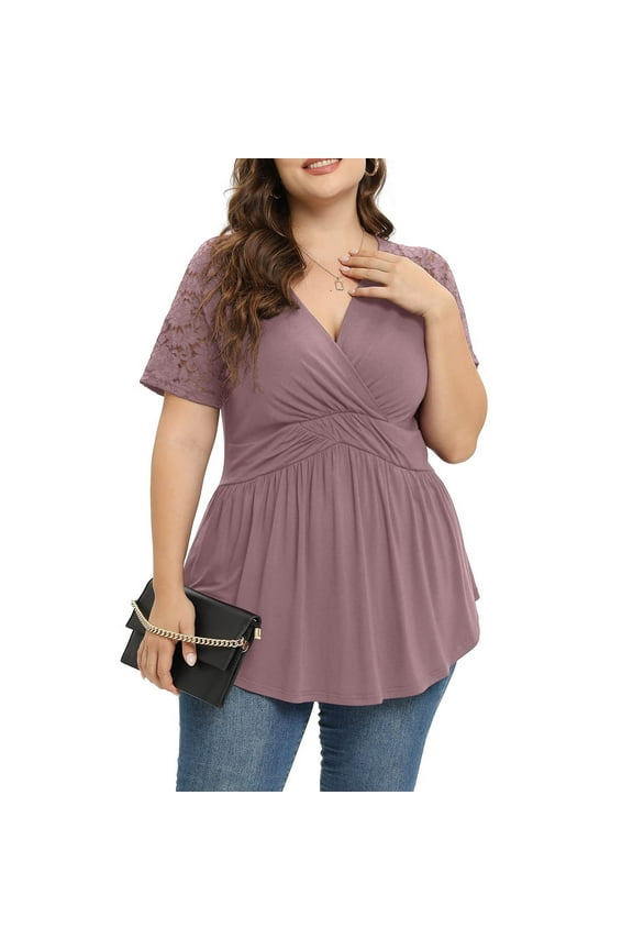 Plus Size Peplum Tops for Women Lace Short Sleeve V Neck Wrap Shirts Dressy Casual Solid Tunic Tops Summer Business Work Top